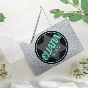 Cartão De Notas Chalkboard Teal Sparkly Name Logo Bat Mitzvah