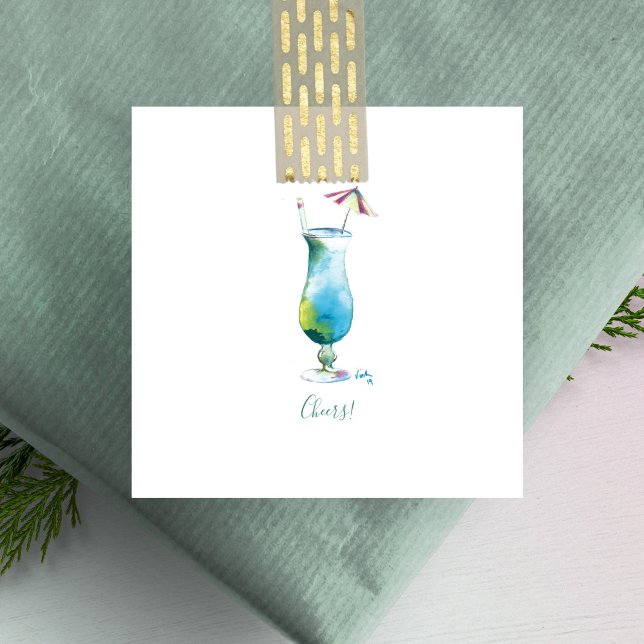 Cartão De Notas Cheers Mini Holiday Blue Hawaii Cocktail (Watercolor blue Hawaii cocktail mini notecards unique art by Victoria Grigaliunas of Do Tell A Belle)