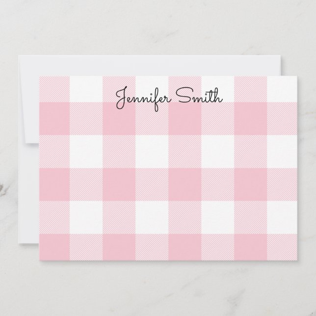 Cartão De Notas Cheque de Gingham Branco e Rosa Pastel (Frente)