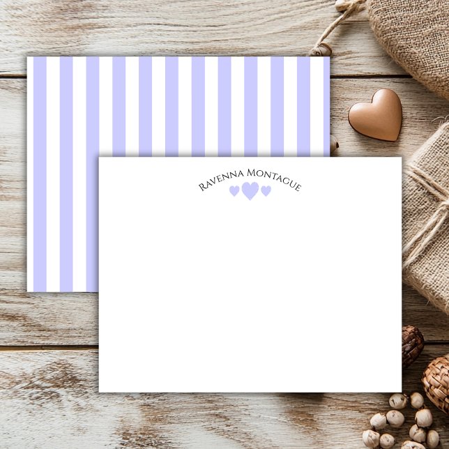 Cartão De Notas Chic Periwinkle Cracked Hearts Striped Note Card (Criador carregado)