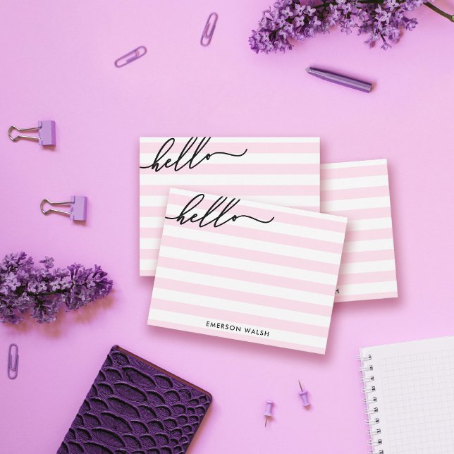 Cartão De Notas Chic Pink Lines Black Hello Add Name (Criador carregado)