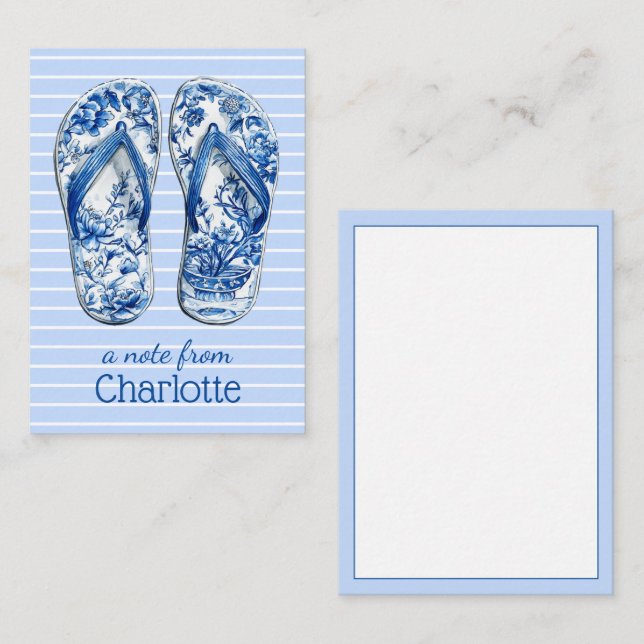 Cartão De Notas Chinelos de Dedos Azul e Branco com Estilo Chines  (Frente/Verso)