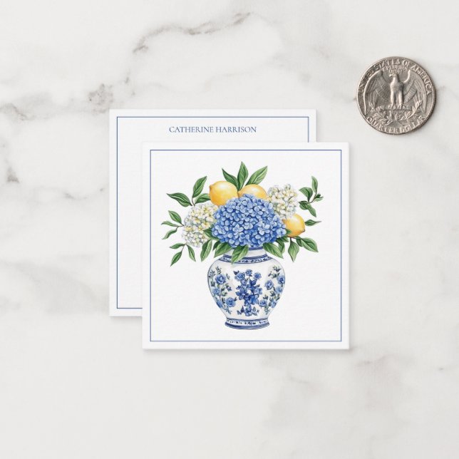 Cartão De Notas Chinoiserie azul e branca com Hydrangeas (Frente/Verso In Situ)