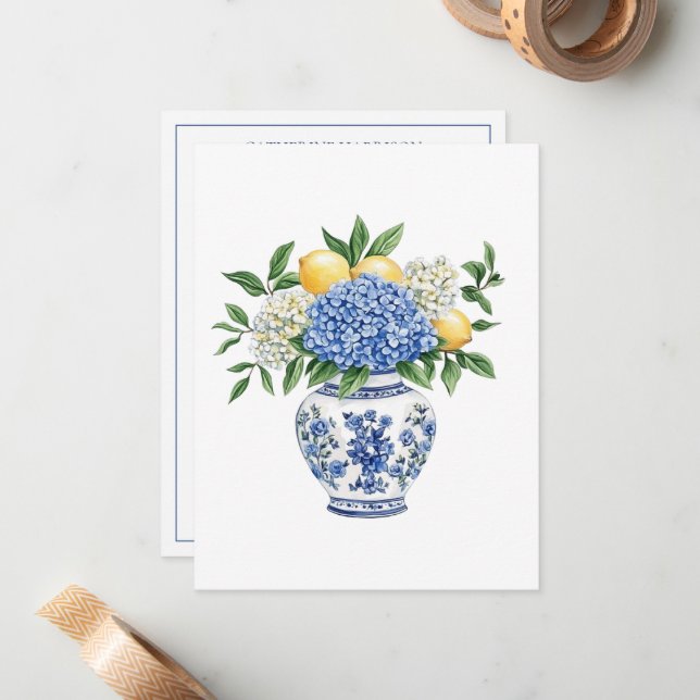 Cartão De Notas Chinoiserie azul e branca com Hydrangeas (Frente/Verso In Situ)