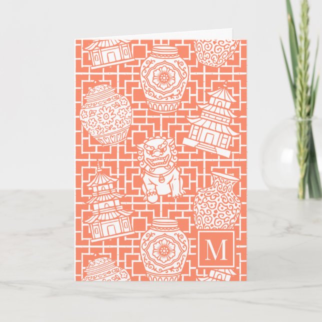 Cartão De Notas Chinoiserie Pagoda – Coral Preppy Asian Garden (Frente)