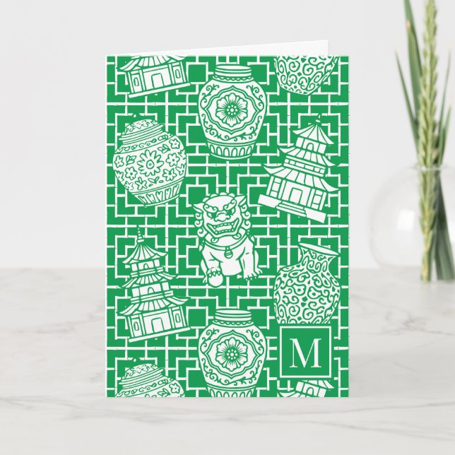 Cartão De Notas Chinoiserie Pagoda – Green Preppy Asian Garden (Frente)