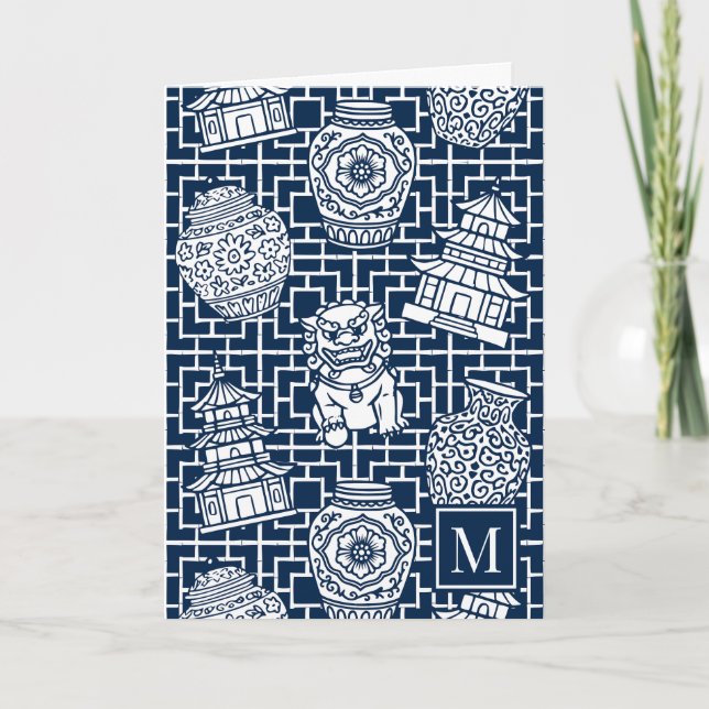 Cartão De Notas Chinoiserie Pagoda – Navy Preppy Asian Garden (Frente)