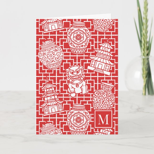 Cartão De Notas Chinoiserie Pagoda – Red Preppy Asian Garden (Frente)