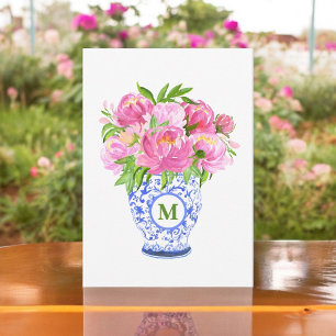 Cartão De Notas Chinoiserie Vase Green Monograma de Peonias Rosa