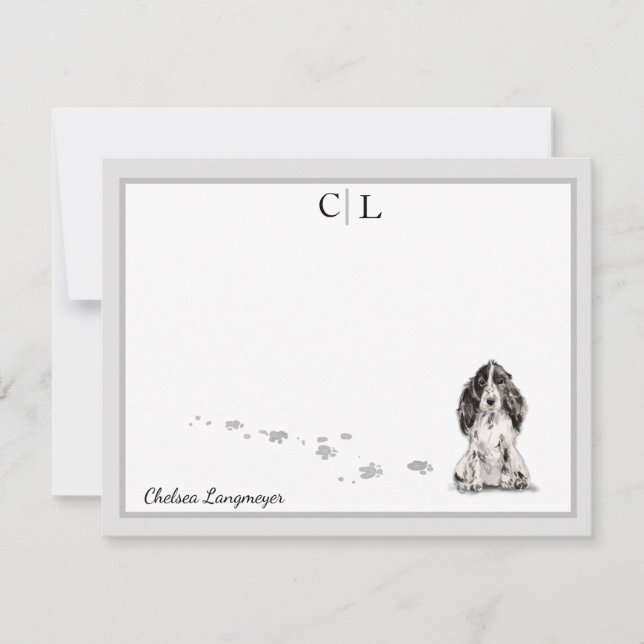 Cartão De Notas Cinza de Cachorro do Cocker Spaniel Borda Monogram (Frente)