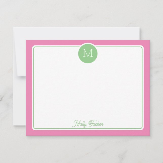 Cartão De Notas Circle Monogram Initial Preppy Pink Green (Frente)