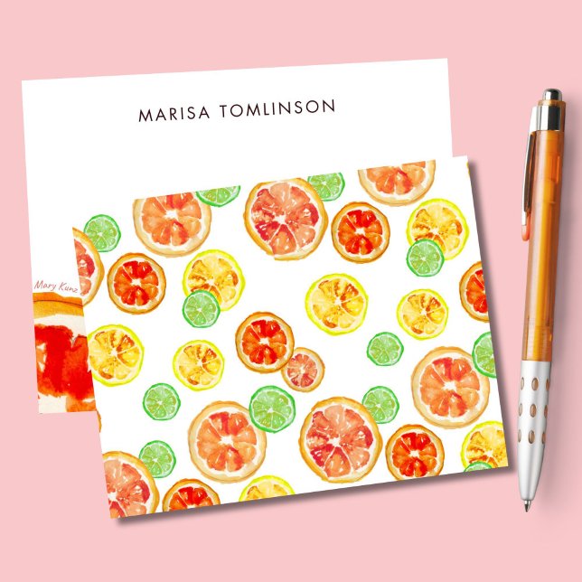 Cartão De Notas Citrus Botânicos Personalizados Ilustrados À Mão (My colorful citrus pattern covers one side of this card. Your personalization appears on the other.)