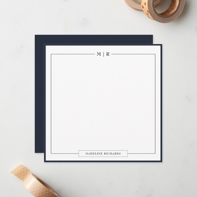 Cartão De Notas Classic Monogram Navy Blue Border Stationery (Frente/Verso In Situ)