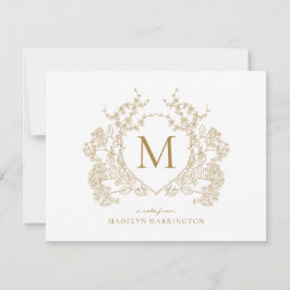 Cartão De Notas Clássica Vintage Dourada Floral Crest Monograma