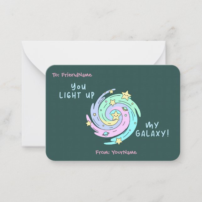 Cartão De Notas Classroom Valentines Card – You Light Up My Galaxy (Frente)