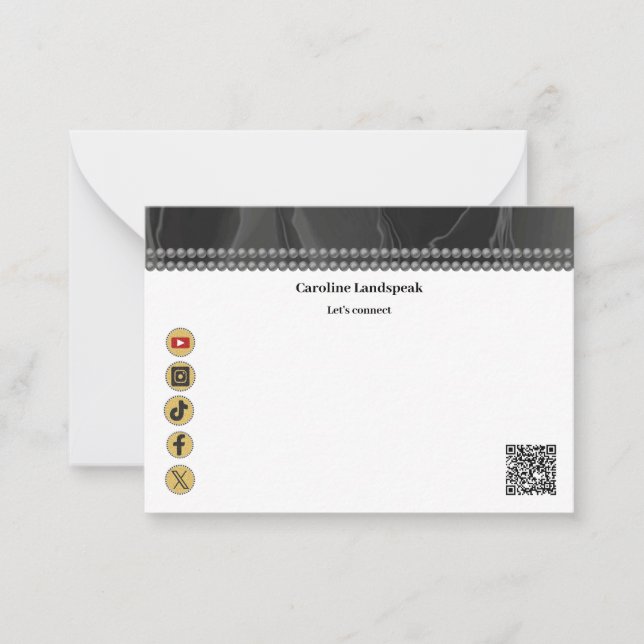 Cartão De Notas Código QR Moderno Pérolas de Seda Preta nas Mídias (Frente)