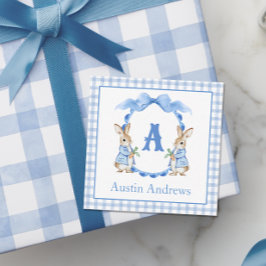 Cartão De Notas Coelho Azul Gingham Monograma Crest