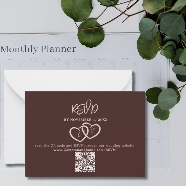 Cartão De Notas Compartimento RSVP de Casamento de Código QR Verme (Minimal Hearts Red QR Code Wedding RSVP Enclosure Note Card)