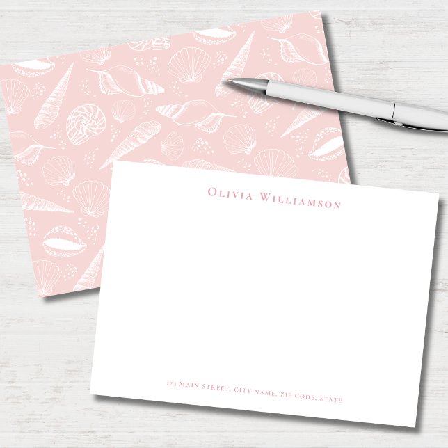 Cartão De Notas Concha de Mar Rosa Suave Costeira (Soft pink and white seashell personalized stationery note cards )