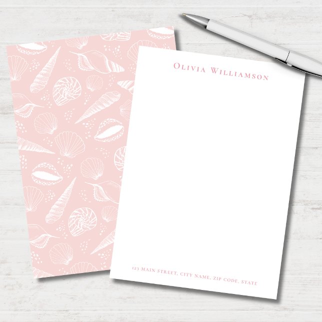 Cartão De Notas Concha de Mar Rosa Suave Costeira (Soft pink and white seashell personalized stationery note cards in portrait format)