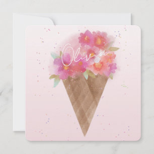 Cartão De Notas Cone de Sorvete Floral de Aquarela com Nome