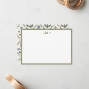Cartão De Notas Conjunto de Material Floral Verde e Azul Monograma