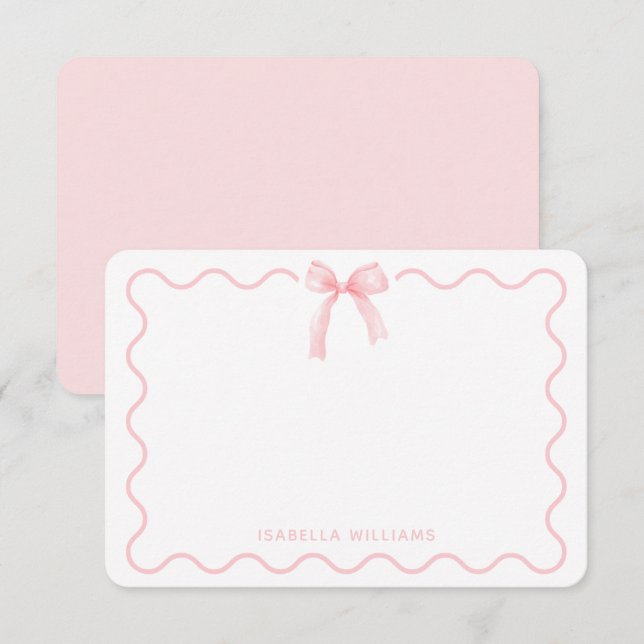 Cartão De Notas Coquette Pink Watercolor Bow Personalized Note (Frente/Verso)