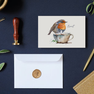Cartão De Notas Cor de Água do Teacup de Pássaro Laranja Robin