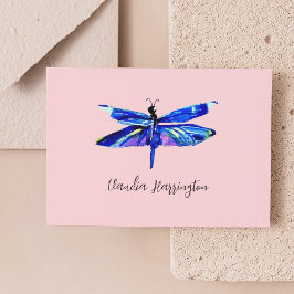 Cartão De Notas Cor de Água Tinta-Rosa, Dragonfly Azul Elegante