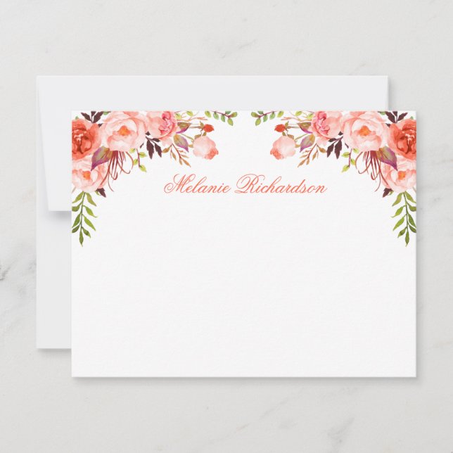 Cartão De Notas Coral Floral de Aquarela Personalizado (Frente)