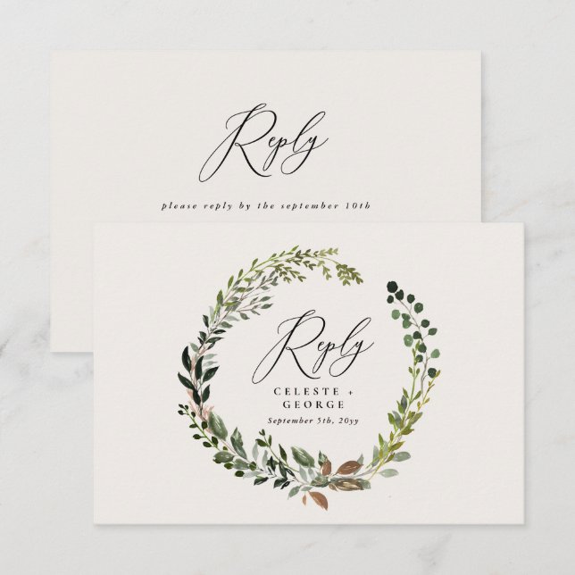 Cartão De Notas Coroa botânica, resposta elegante ao casamento RSV (Frente/Verso)