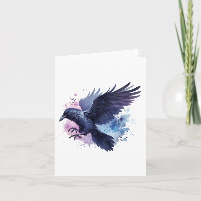 Cartão De Notas Corvo em Aquarela Branco (Frente)