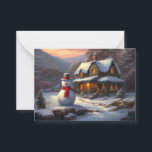 Cartão De Notas Cozy Christmas Cottage & Snowman | Vintage Winter<br><div class="desc">Entra numa noite serena de inverno com esta bela e nostálgica pintura de Natal. Um bonzinho bonzinho de neve em um chapéu clássico que te dá as boas-vindas a uma cabana acolhedora, suas janelas brilhando com luz quente. A paisagem é manchada em neve suave sob um céu climático pacífico, criando...</div>