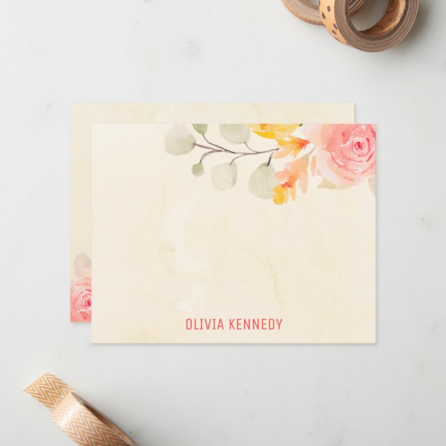 Cartão De Notas Creme Floral de Aquarela Elegante Personalizado (Frente/Verso In Situ)