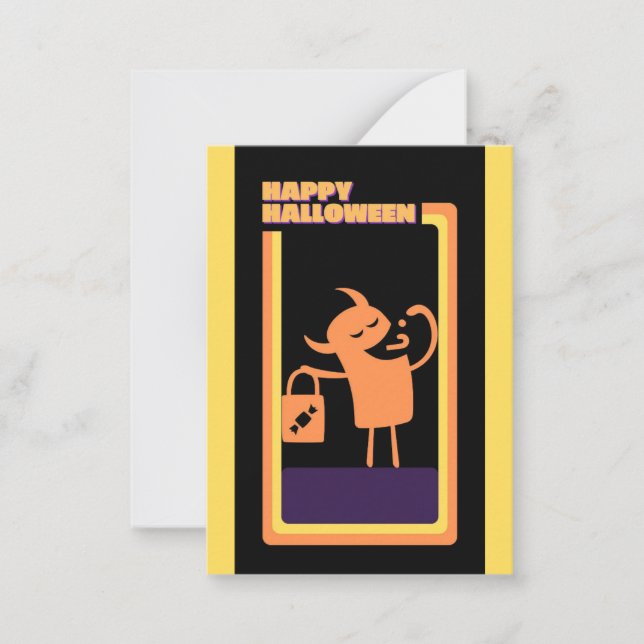 Cartão De Notas Criança Fofa no Halloween do Monstro Pedindo Doces (Frente)