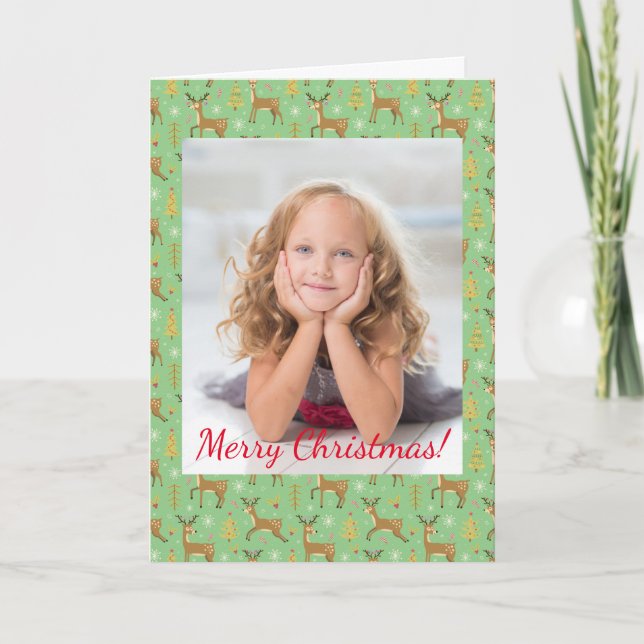 Cartão De Notas Crianças Reindeer De Natal Tocando Foto Verde (Frente)