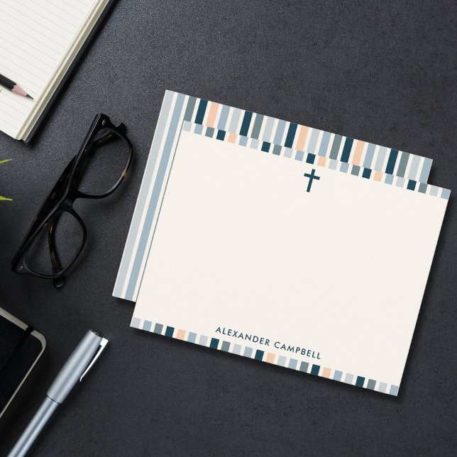 Cartão De Notas Cruz Listrada Cristã Moderna Personalizada (Simple cross and soft stripes—perfect for personal, faith-filled notes.)