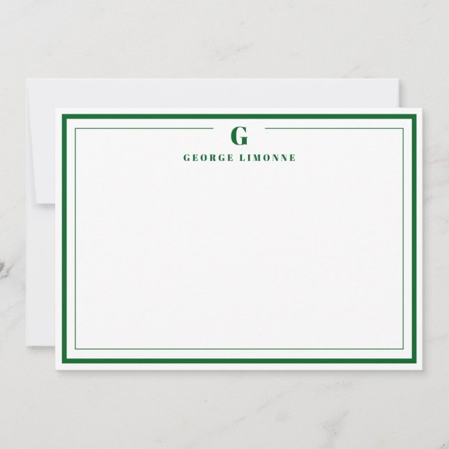 Cartão De Notas Custom Monogram Forest Green Border Stationery  (Frente)