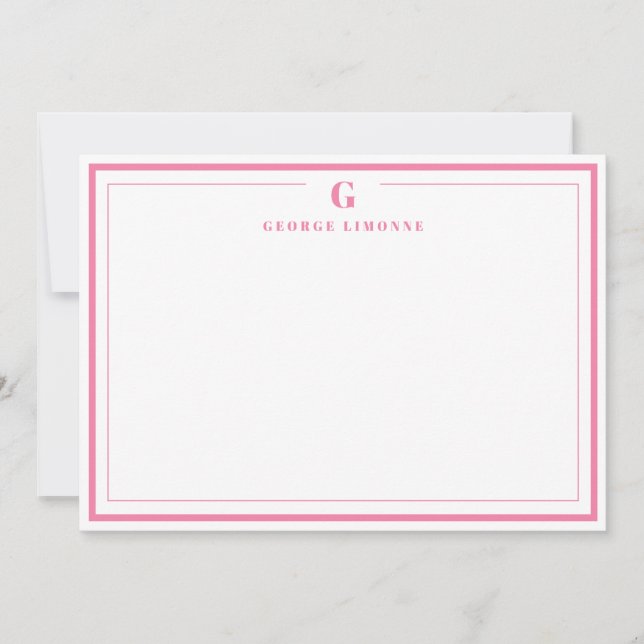 Cartão De Notas Custom Monogram Pink Border Stationery  (Frente)