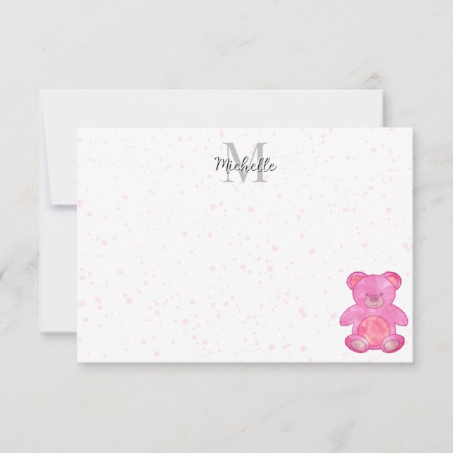 Cartão De Notas Cute Baby Bear In Pink Custom Monogram  (Frente)