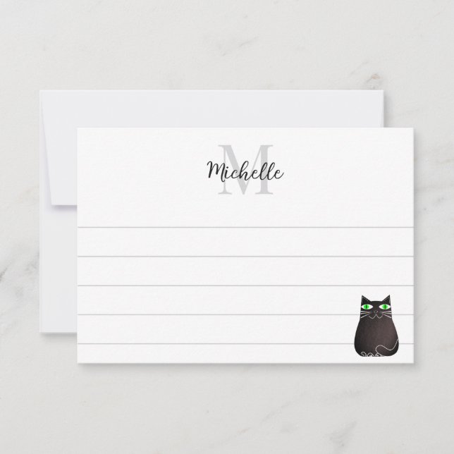 Cartão De Notas Cute Black Cat Custom Lined Monogram (Frente)