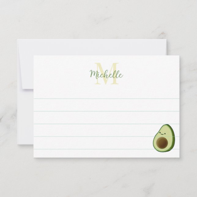 Cartão De Notas Cute Cartoon Avocado Custom Monogram Lined (Frente)
