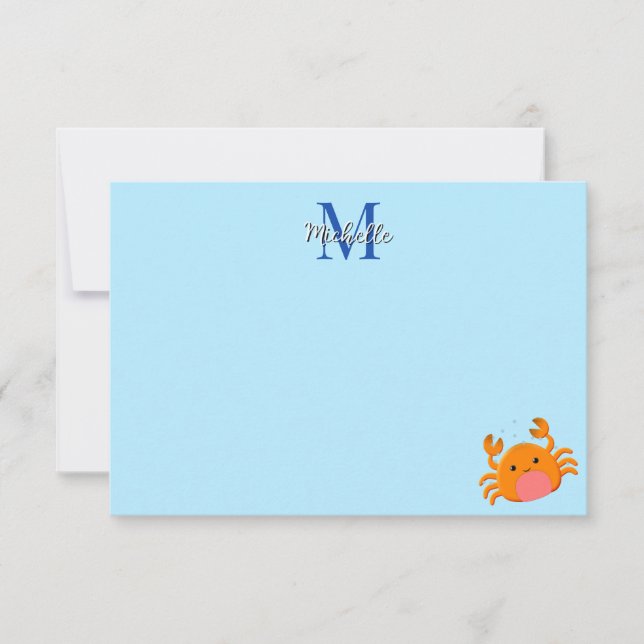 Cartão De Notas Cute Cartoon Crab Blue Ocean Lined Custom (Frente)