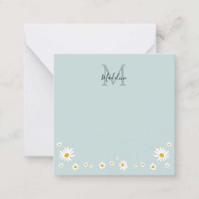 Cartão De Notas Cute Daisy Flower Modern Teal Monogram Square (Frente)
