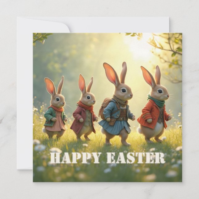 Cartão De Notas Cute Easter Bunnies Walking in Spring Meadow (Frente)