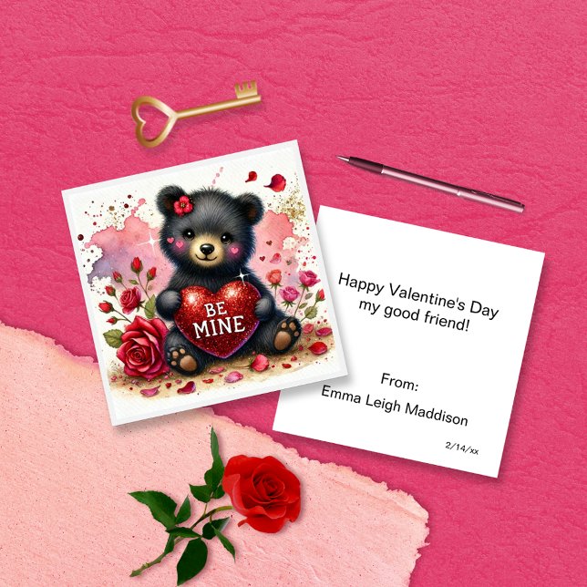 Cartão De Notas Cute Girly Be Mine Bear Cub Classroom Valentine (Criador carregado)
