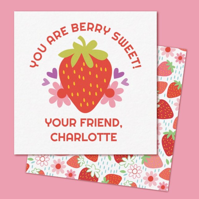 Cartão De Notas Cute Morango Doce Crianças Morango Dia dos Namorad (A cute Strawberry, berry sweet mini valentine card. Great for a school classroom exchange.)