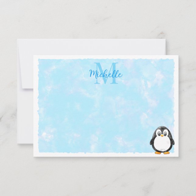 Cartão De Notas Cute Penguin Cartoon Custom Monogram Pastel Blue (Frente)