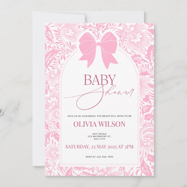 Cartão De Notas Cute Pink Bow Baby Shower Invitation (Frente)