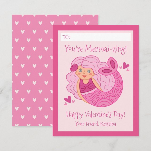 Cartão De Notas Cute Pink Kids Mermaid Valentine (Frente/Verso)